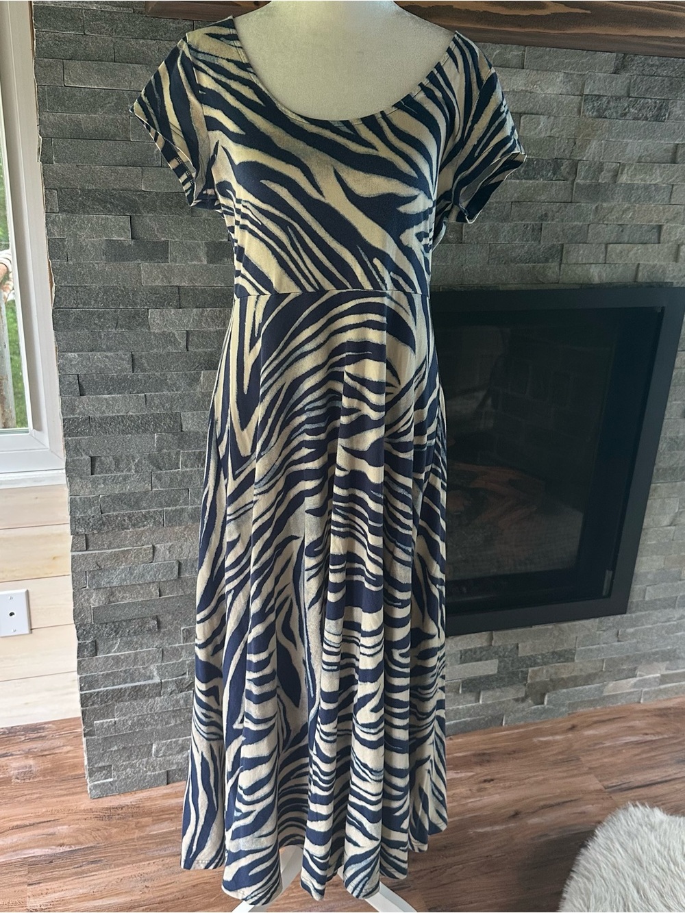 Chaps Ralph Lauren Navy Blue Beige Zebra Print Midi Dress L Scoop Neck Cotton